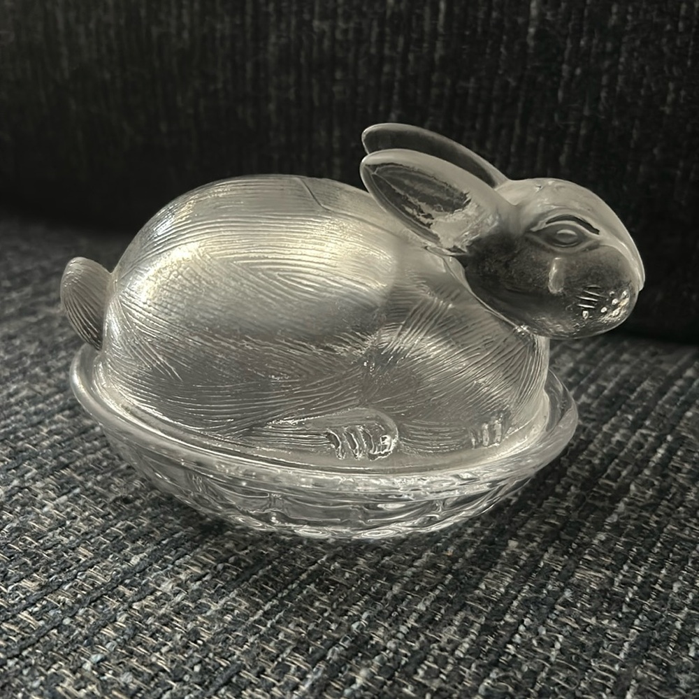 Cottage Core Clear Glass Easter Bunny Rabbit On A Basket Trinket Dish